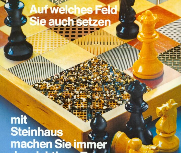 Schachbrett bestehend aus unterschiedlichen Siebfeldern, einige Schachfiguren stehen dabei. Der Text lautet: „Auf welches Feld Sie auch setzen, mit STEINHAUS machen Sie immer den richtigen Zug“